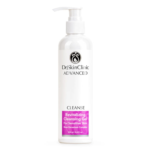 DrJSkinClinic Advanced Cleanse Revitalizing Cleansing Gel for Sensitive Skin, facial cleanser pump bottle with Rose Geranium Complex