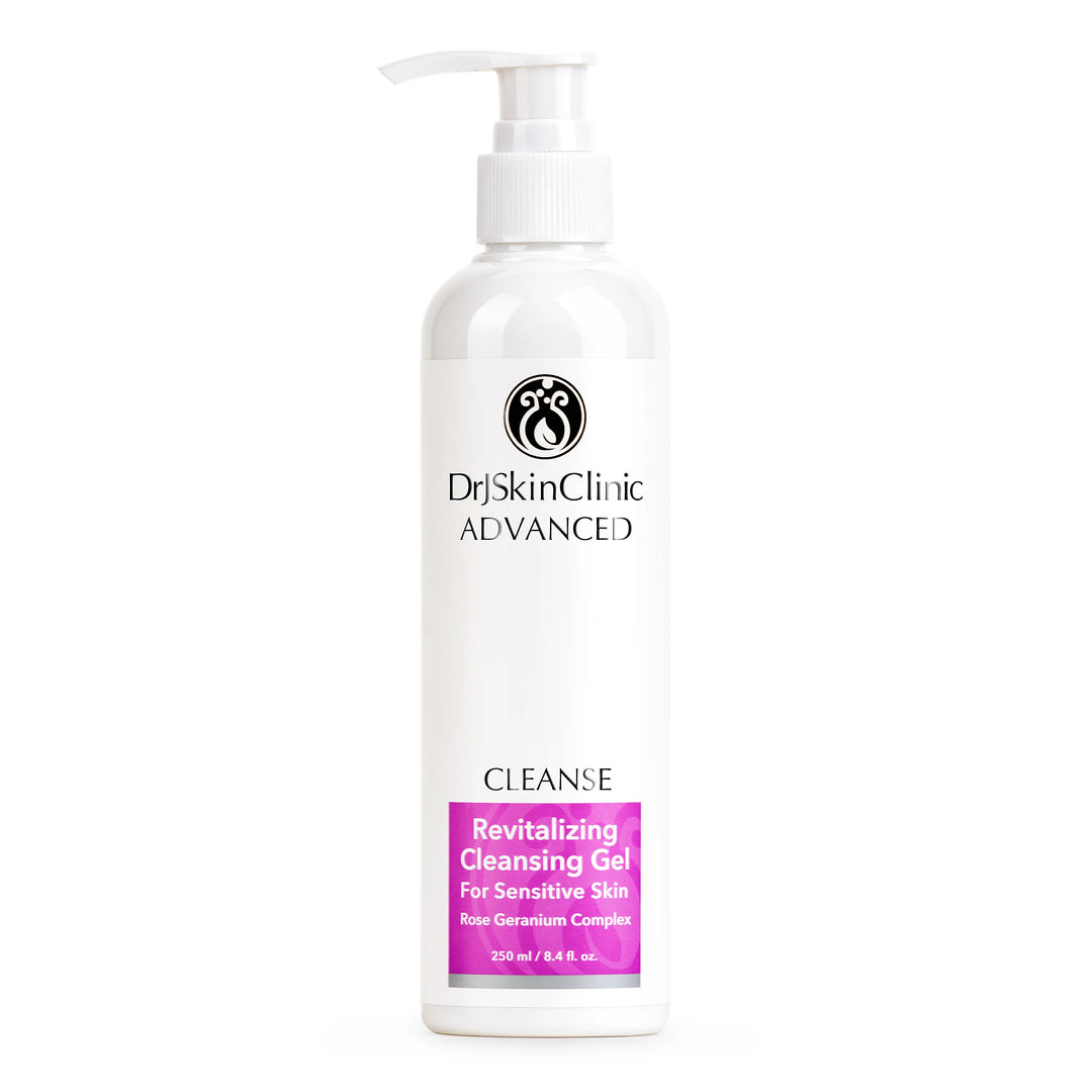DrJSkinClinic Advanced Cleanse Revitalizing Cleansing Gel for Sensitive Skin, facial cleanser pump bottle with Rose Geranium Complex