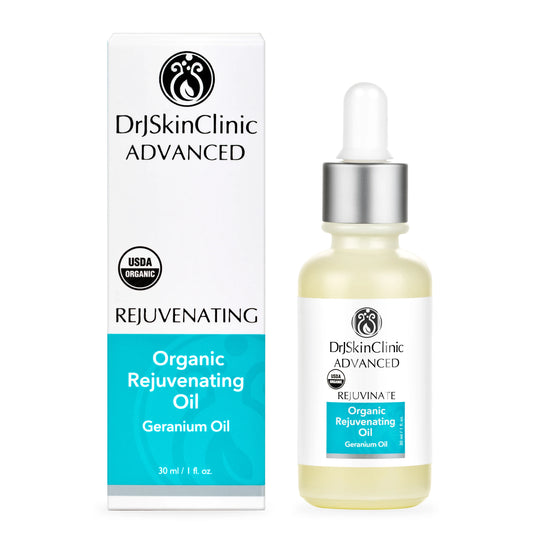 DrJSkinClinic Advanced Rejuvenate Organic Rejuvenating Oil with Geranium Oil, USDA Organic facial oil dropper bottle with retail box packaging
