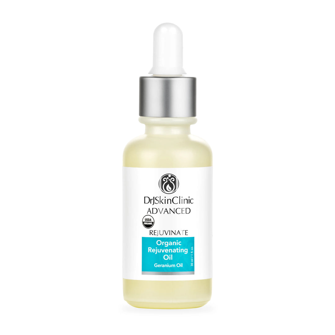 Organic Rejuvenating Oil bottle by DrSkinClinic, geranium oil facial serum for glowing skin