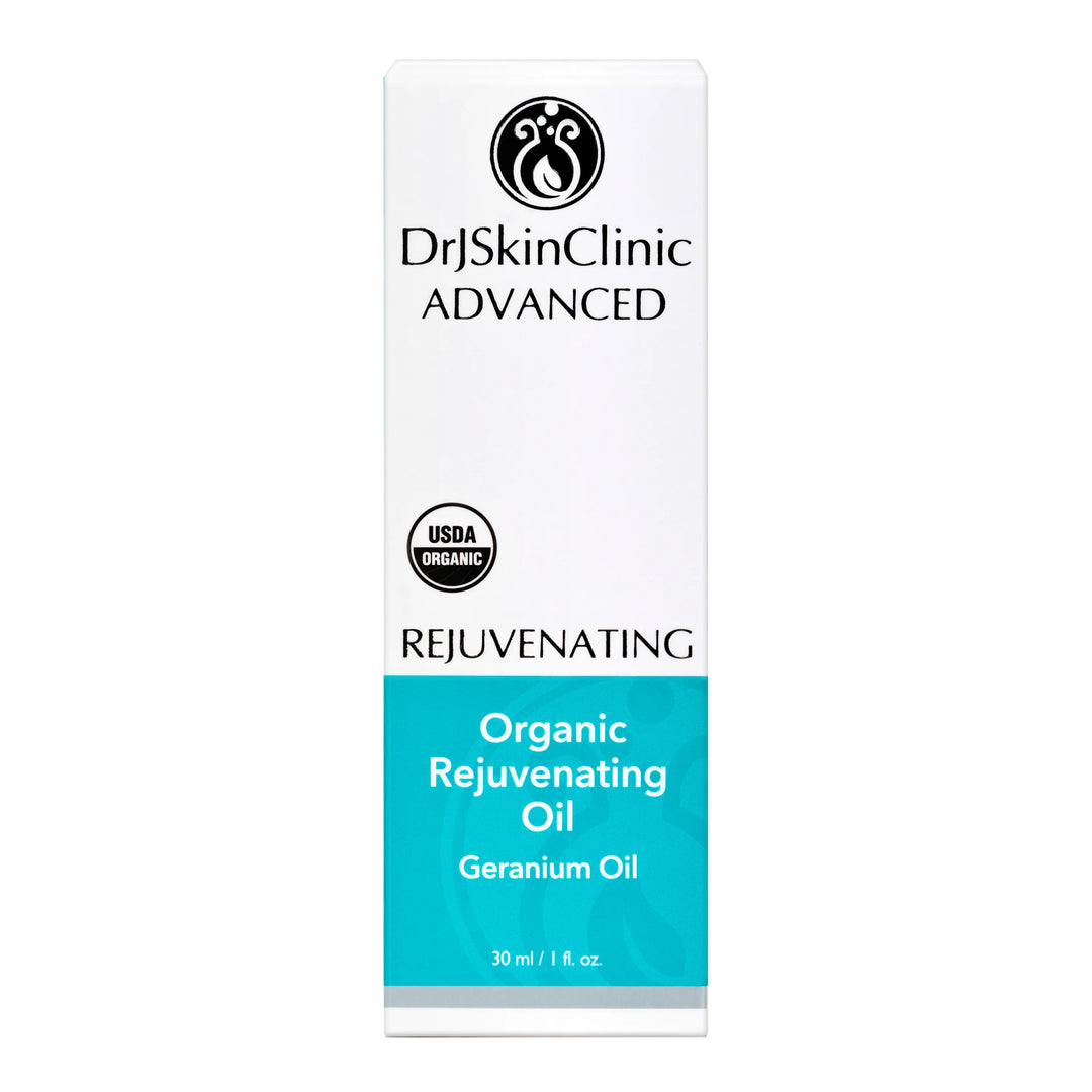 DrSkinClinic Advanced Organic Rejuvenating Oil with box packaging, geranium oil facial treatment