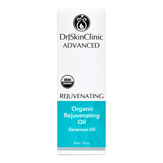 DrSkinClinic Advanced Organic Rejuvenating Oil with box packaging, geranium oil facial treatment