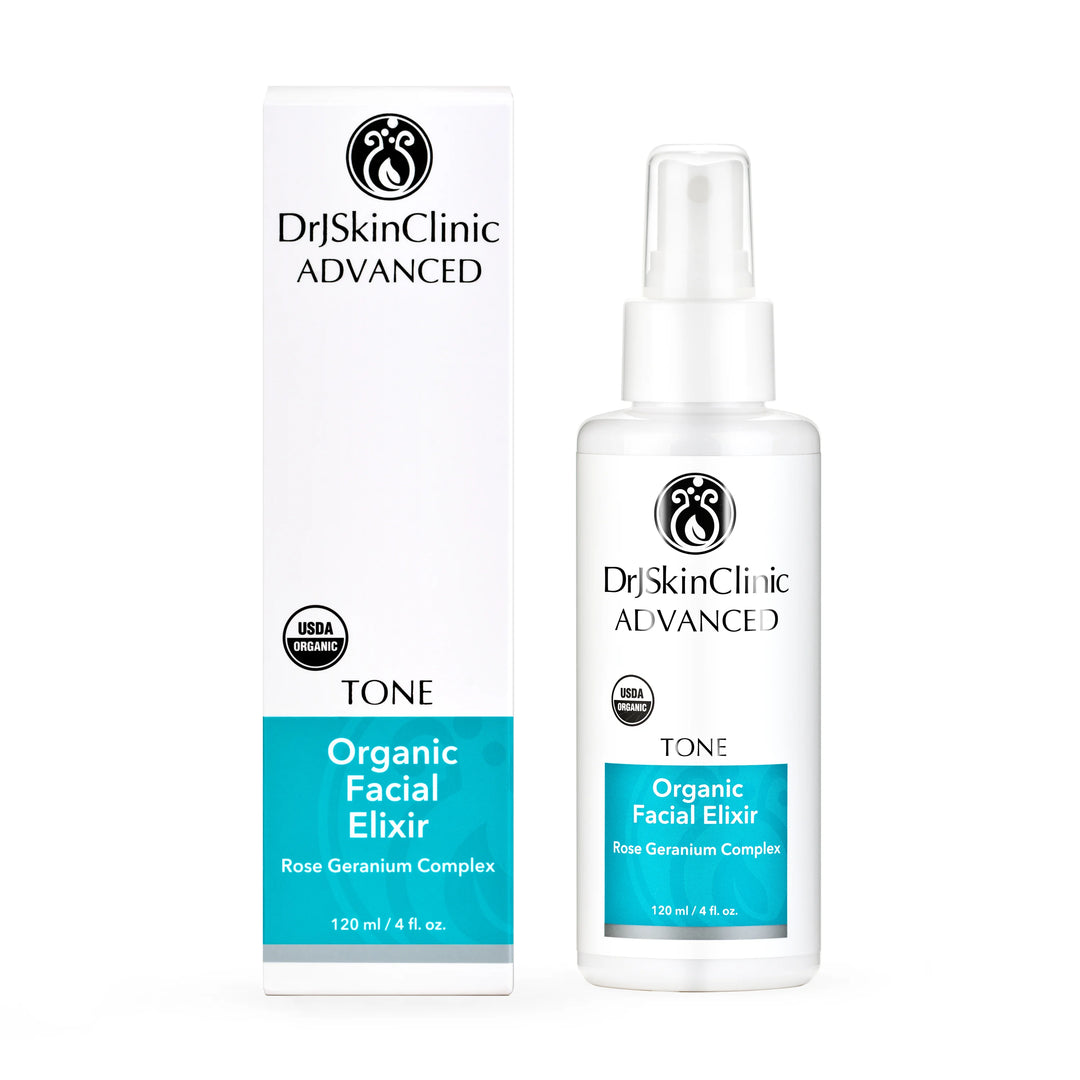 DrJSkinClinic Advanced Tone Organic Facial Elixir with Rose Geranium Complex, USDA Organic facial toner spray bottle with retail box