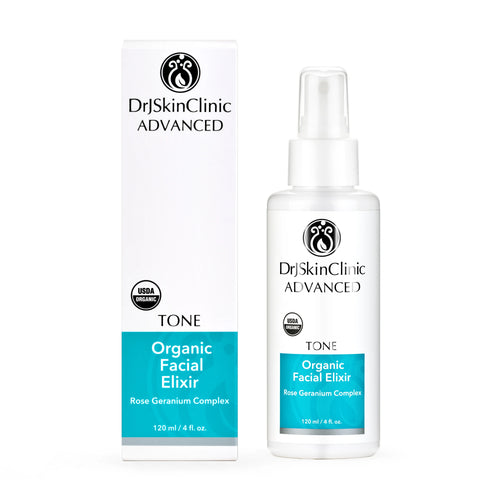 DrJSkinClinic Advanced Tone Organic Facial Elixir with Rose Geranium Complex, USDA Organic facial toner spray bottle with retail box