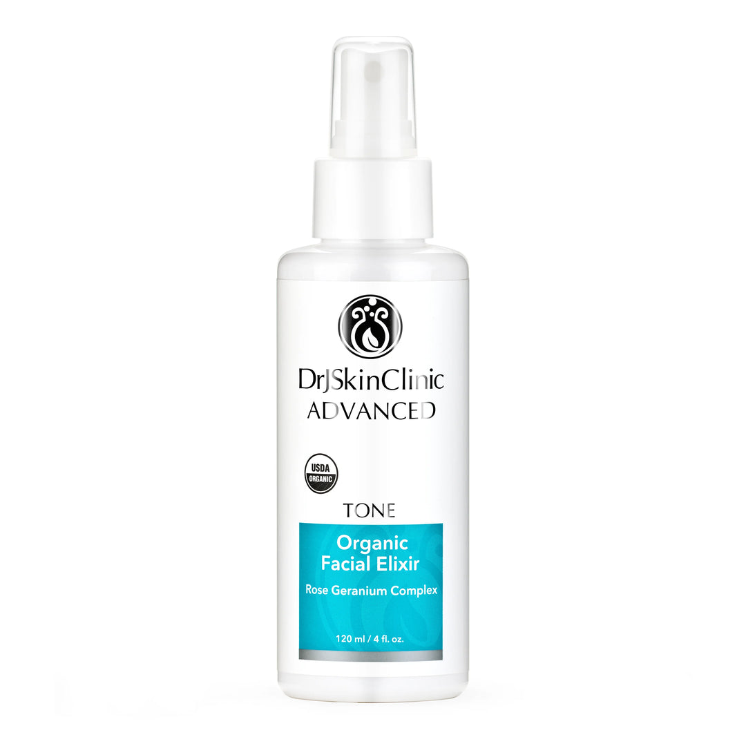 DrJSkinClinic Advanced Tone Organic Facial Elixir spray bottle with Rose Geranium Complex, USDA Organic facial toner