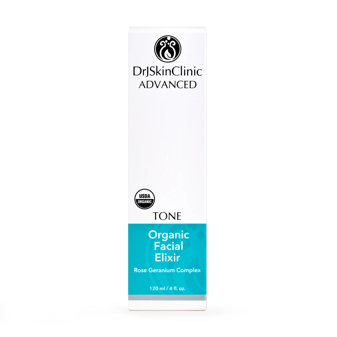 DrJSkinClinic Advanced Tone Organic Facial Elixir box packaging with Rose Geranium Complex, USDA Organic facial toner