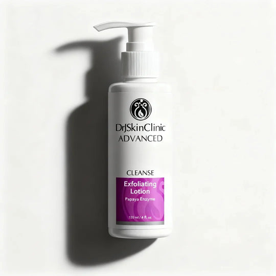 DrJSkinClinic Advanced Cleanse Exfoliating Lotion with Papaya Enzyme, facial exfoliating cleanser in pump bottle on white background