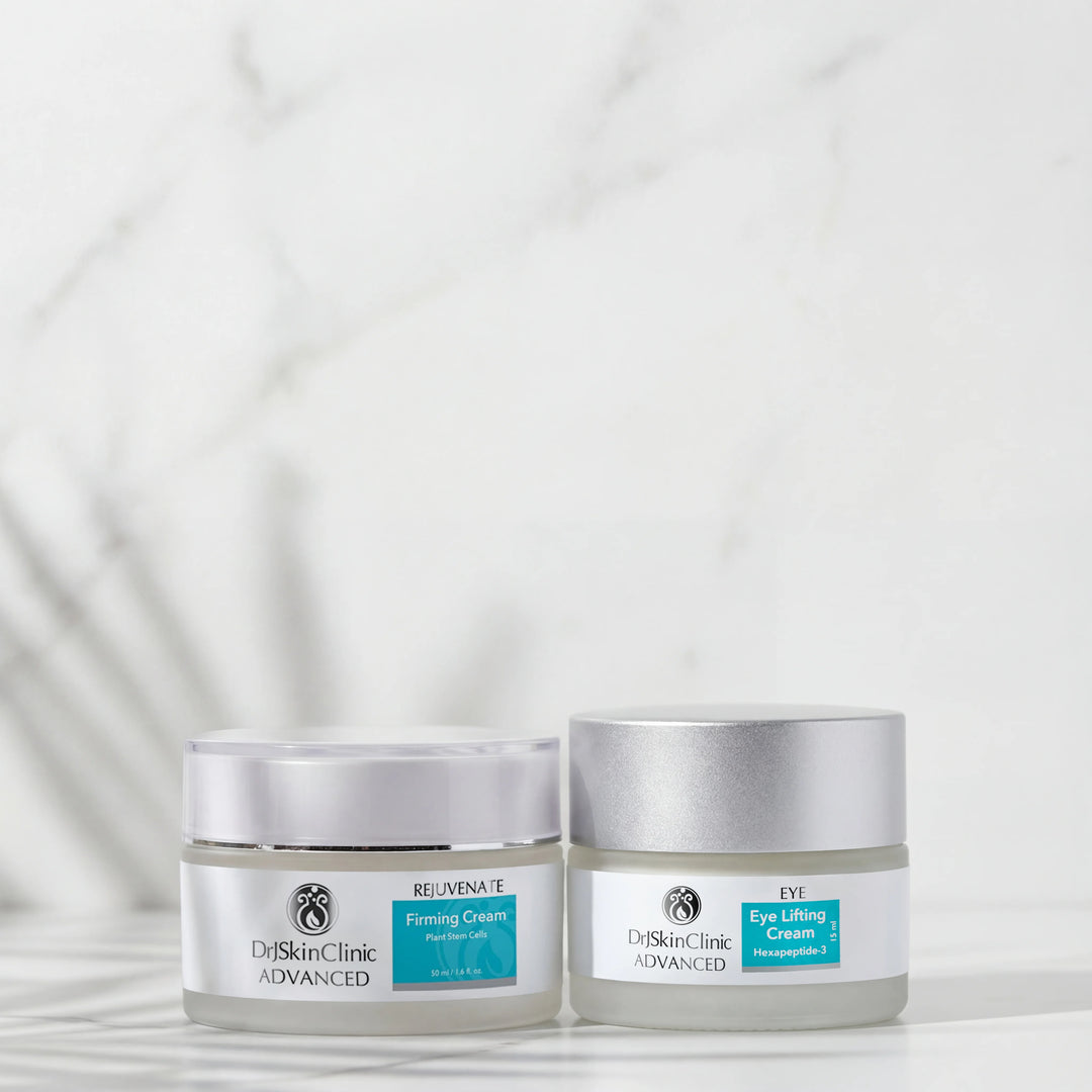 DrSkinClinic Advanced Face + Eye Firming Duo featuring Rejuvenate Firming Cream and Eye Lifting Cream displayed on a marble surface.