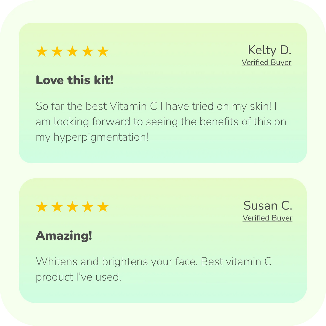 Customer reviews for the Green C-Powder Forte Kit featuring two five-star ratings from verified buyers. One review from Kelty D. titled “Love this kit!”