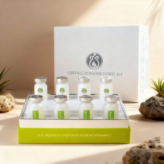 DrJSkinClinic Green C-Powder Forte Kit packaging with vitamin C powder vial and activator bottle for maximum freshness and efficacy