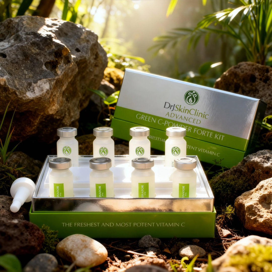 DrJSkinClinic Green C-Powder Forte Kit displayed in a natural botanical setting highlighting fresh, potent vitamin C skincare treatment