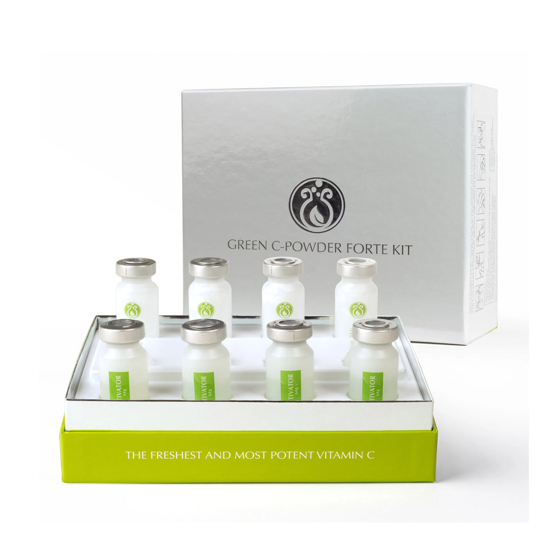DrJSkinClinic Advanced Green C-Powder Forte Kit with fresh vitamin C powder vials and activator bottles in luxury skincare packaging