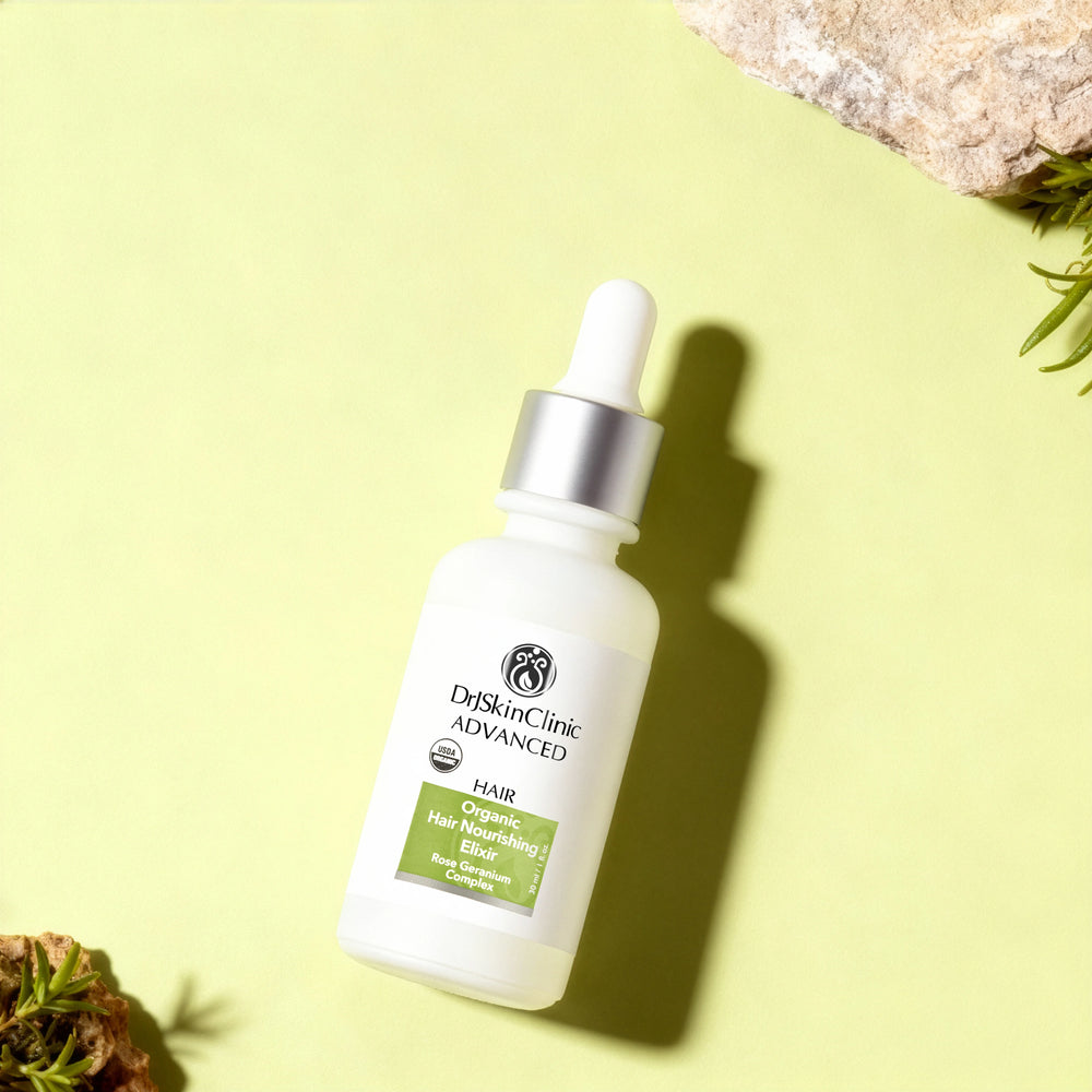 Dr. Skin Clinic Advanced Hair Organic Hair Nourishing Oil dropper bottle on a light green background with natural elements.