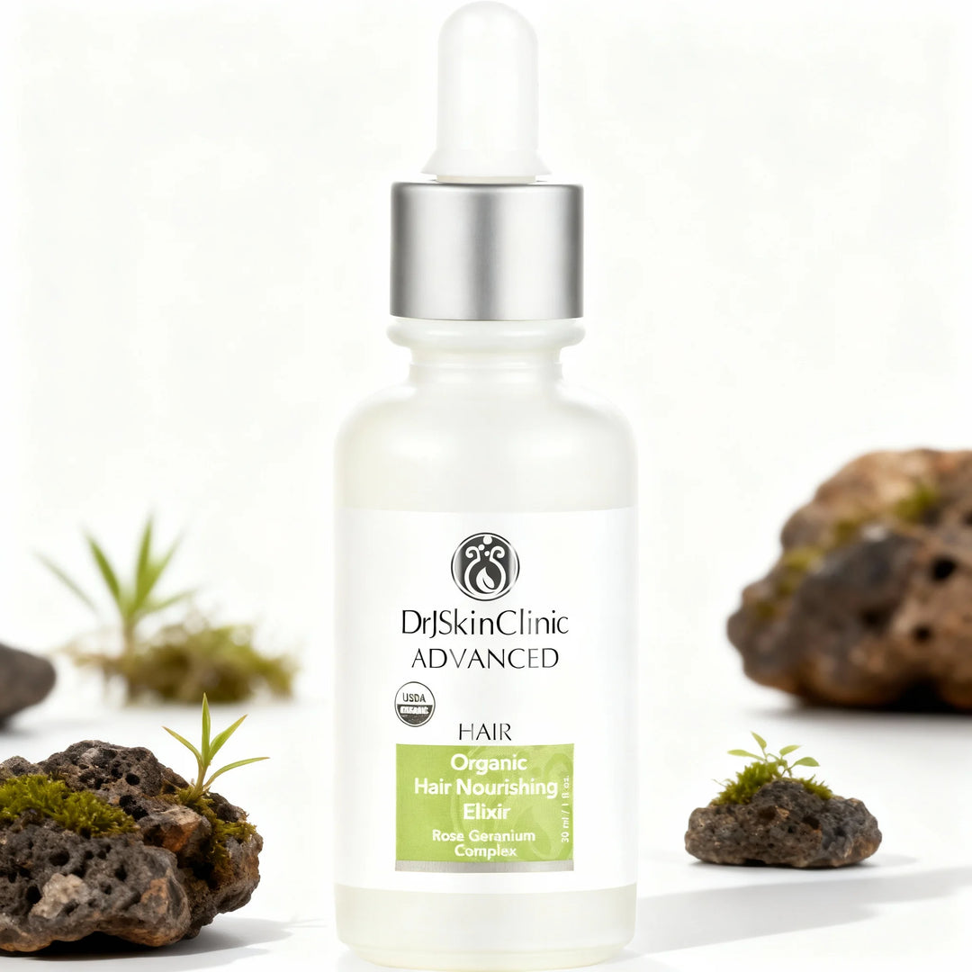 Dr SkinClinic Advanced Organic Hair Nourishing Elixir bottle with natural elements in the background
