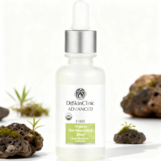 Dr SkinClinic Advanced Organic Hair Nourishing Elixir bottle with natural elements in the background