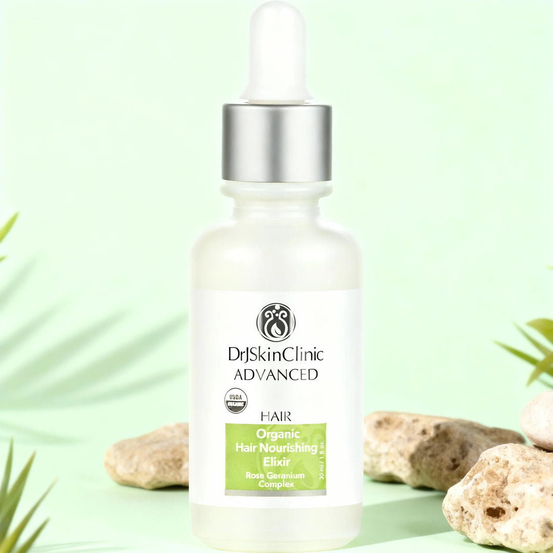 Dr SkinClinic Advanced Organic Hair Nourishing Elixir bottle on a light green background with rocks and plants.