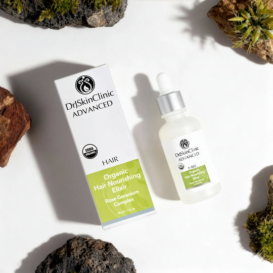 Dr Skin Clinic Advanced Organic Nourishing Hair Elixir with packaging on a white background