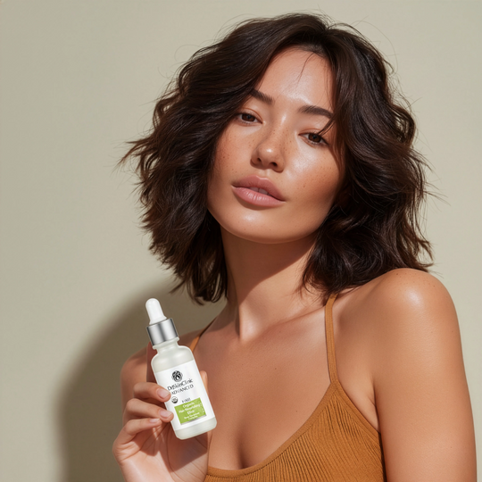 Model holding DrSkinClinic Advanced Organic Hair Nourishing Elixir dropper bottle, showcasing healthy glossy hair and natural glow