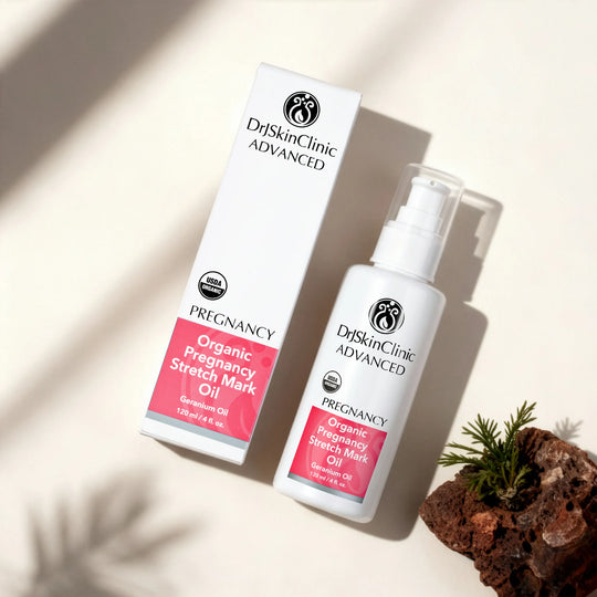 DrSkinClinic Advanced pregnancy stretch mark oil bottle and packaging on a light background