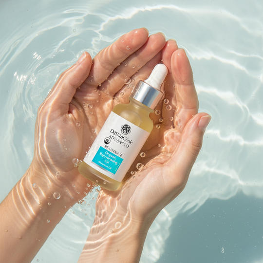 DrJSkinClinic Advanced Rejuvenate Organic Rejuvenating Oil with Geranium Oil held in hands surrounded by water, highlighting nourishing USDA Organic facial oil