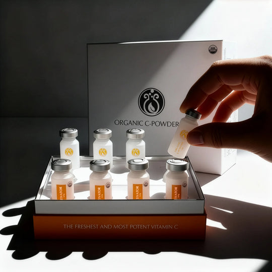 DrJSkinClinic Organic C-Powder Kit displayed in a natural botanical setting, highlighting fresh, potent USDA Organic vitamin C skincare