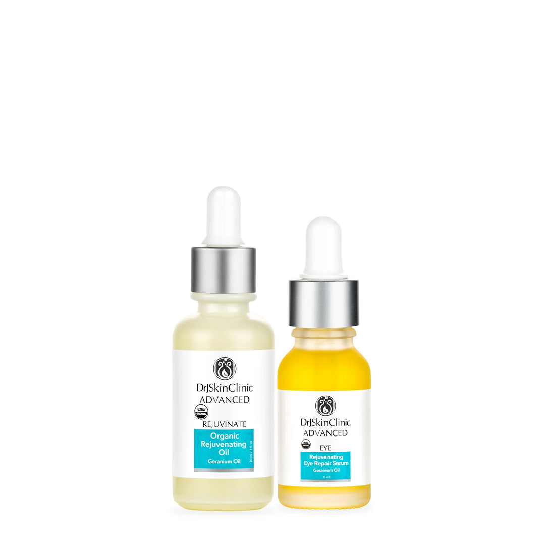 DrSkinClinic Advanced Rejuvenating Repair Duo featuring Organic Rejuvenating Oil and Eye Repair Serum isolated on a white background.