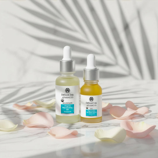 DrSkinClinic Advanced Rejuvenating Repair Duo displayed on a marble surface with soft floral petals and palm leaf shadows.