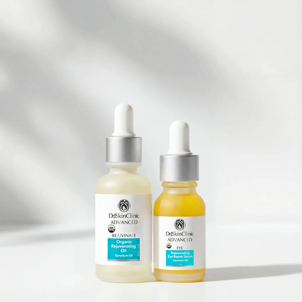 DrSkinClinic Advanced Organic Rejuvenating Oil and Eye Repair Serum standing side by side on a clean white background.