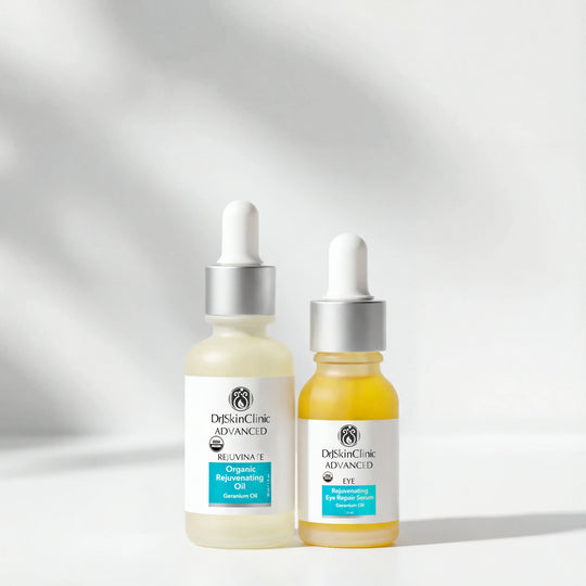 DrSkinClinic Advanced Organic Rejuvenating Oil and Eye Repair Serum standing side by side on a clean white background.