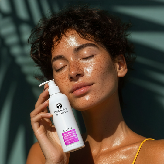Model holding DrJSkinClinic Advanced Cleanse Revitalizing Cleansing Gel for Sensitive Skin, showcasing gentle facial cleanser with Rose Geranium Complex
