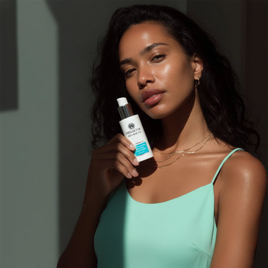 Model holding DrSkinClinic Advanced Skin Protective Recovery Concentrate serum, showcasing radiant healthy skin in natural light
