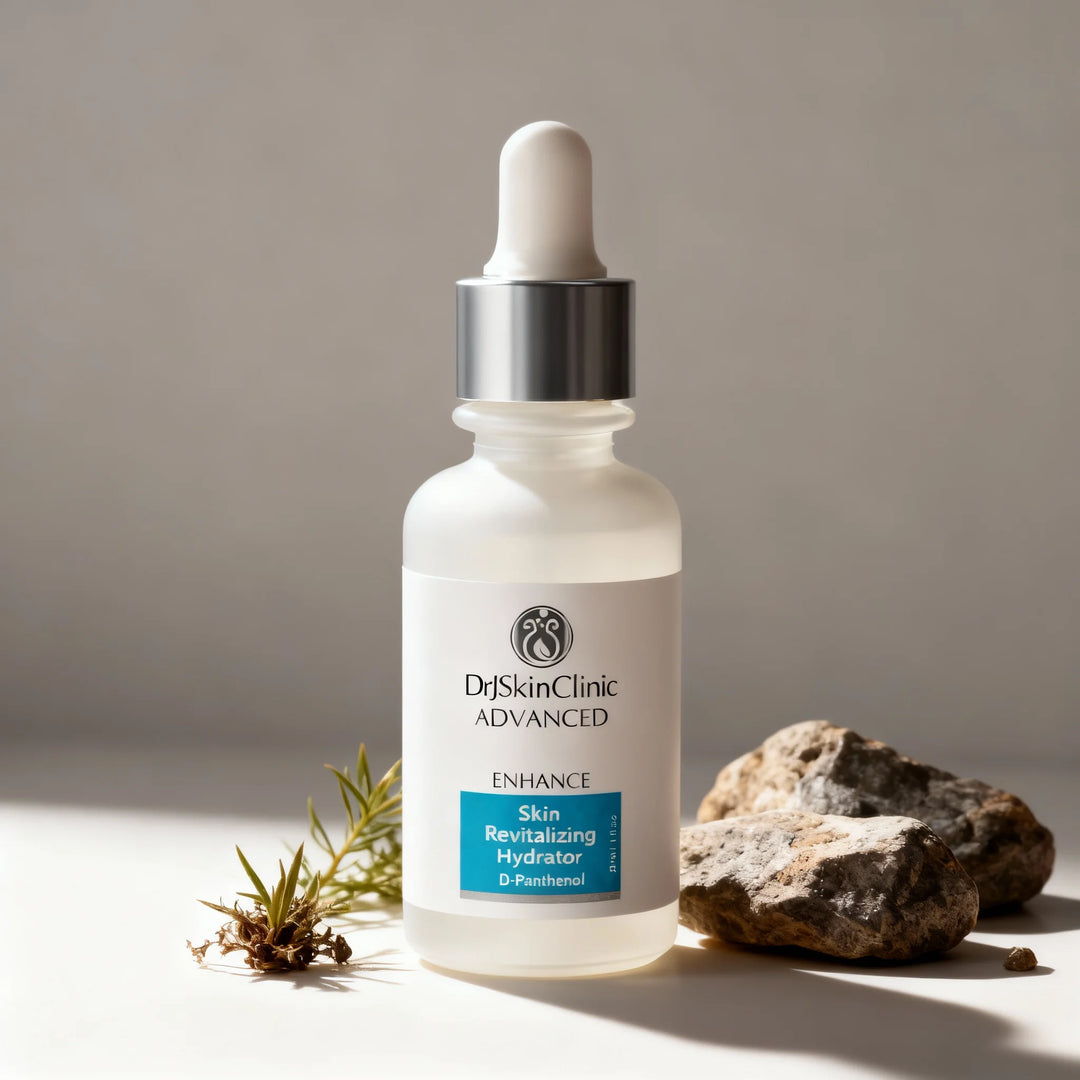 DrSkinClinic Advanced Enhance Skin Revitalizing Hydrator bottle displayed with natural stones and botanical elements on a neutral background.