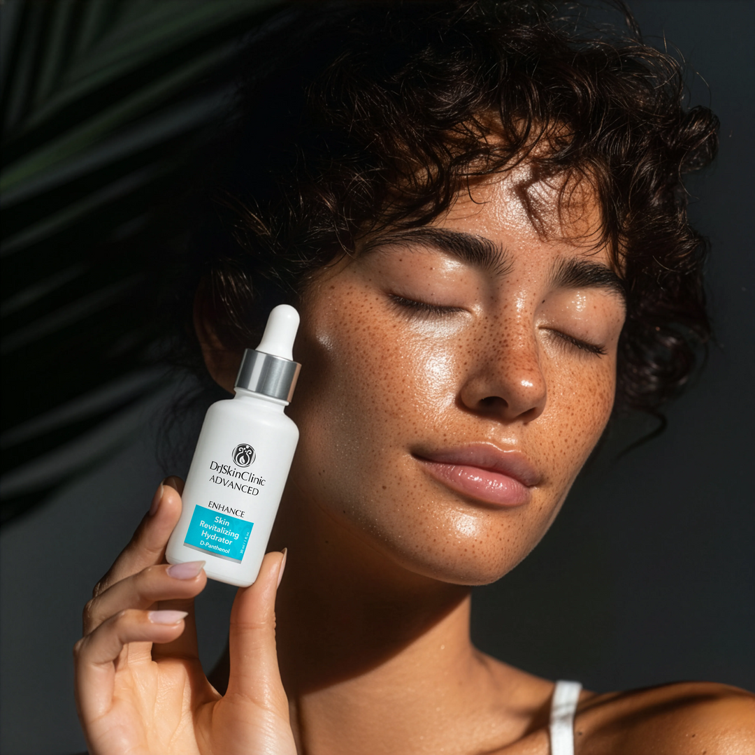 Model holding DrSkinClinic Advanced Enhance Skin Revitalizing Hydrator bottle, showcasing hydrated and glowing skin.