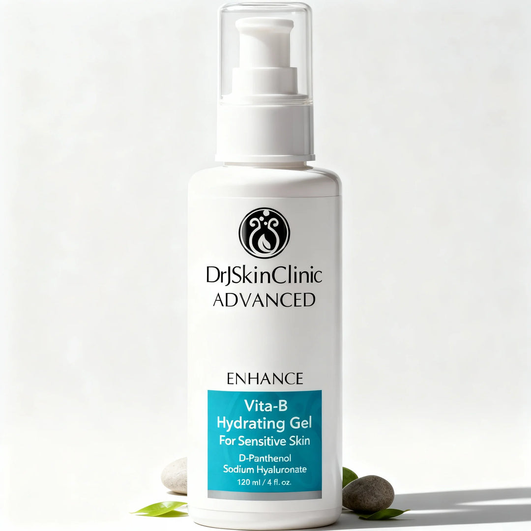 DrJSkinClinic Advanced Enhance Vita-B Hydrating Gel for Sensitive Skin displayed on white background with natural stone accents