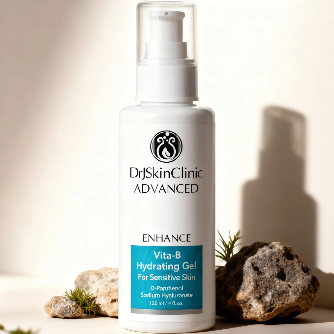 DrJSkinClinic Advanced Enhance Vita-B Hydrating Gel for Sensitive Skin styled with natural stones on light background