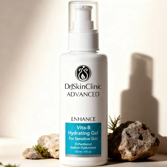 DrJSkinClinic Advanced Enhance Vita-B Hydrating Gel for Sensitive Skin styled with natural stones on light background