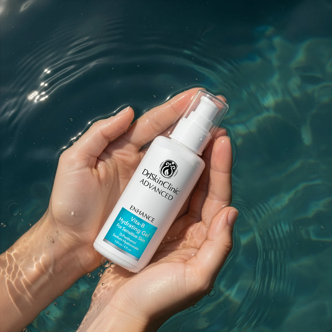 DrJSkinClinic Advanced Enhance Vita-B Hydrating Gel for Sensitive Skin held in hands submerged in water