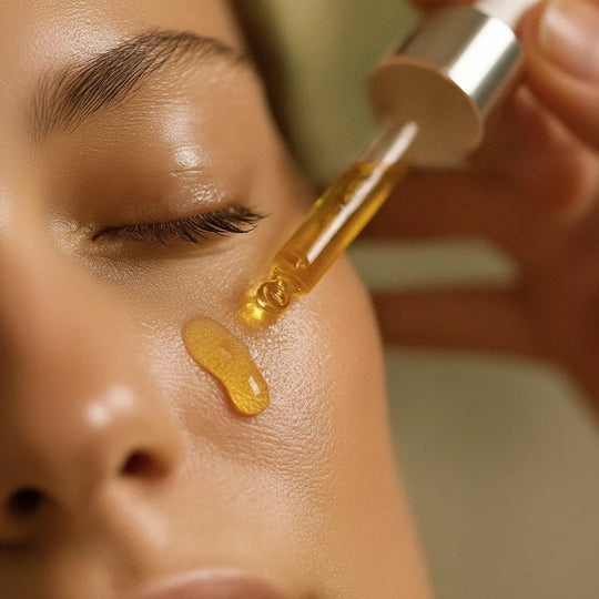 Close-up of rejuvenating eye serum applied under the eye with dropper, highlighting texture and targeted eye care