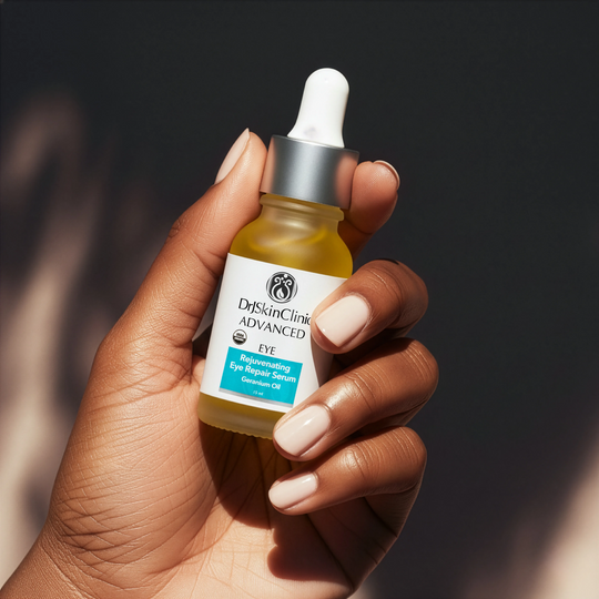 Model holding DrSkinClinic Advanced Rejuvenating Eye Repair Serum with Geranium Oil, showcasing smooth radiant skin