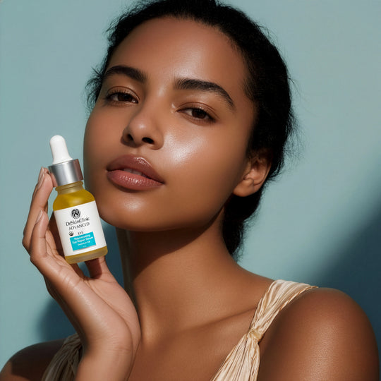 Model holding DrSkinClinic Advanced Rejuvenating Eye Repair Serum with Geranium Oil, showcasing smooth radiant skin