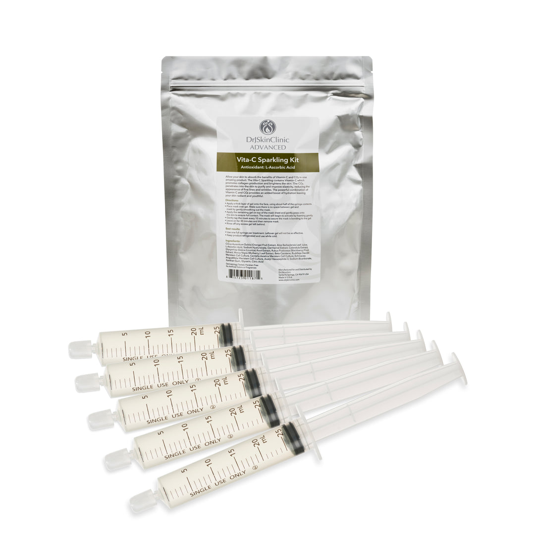 Vita-C Sparkling Kit with syringes and a silver pouch for advanced skincare treatments.